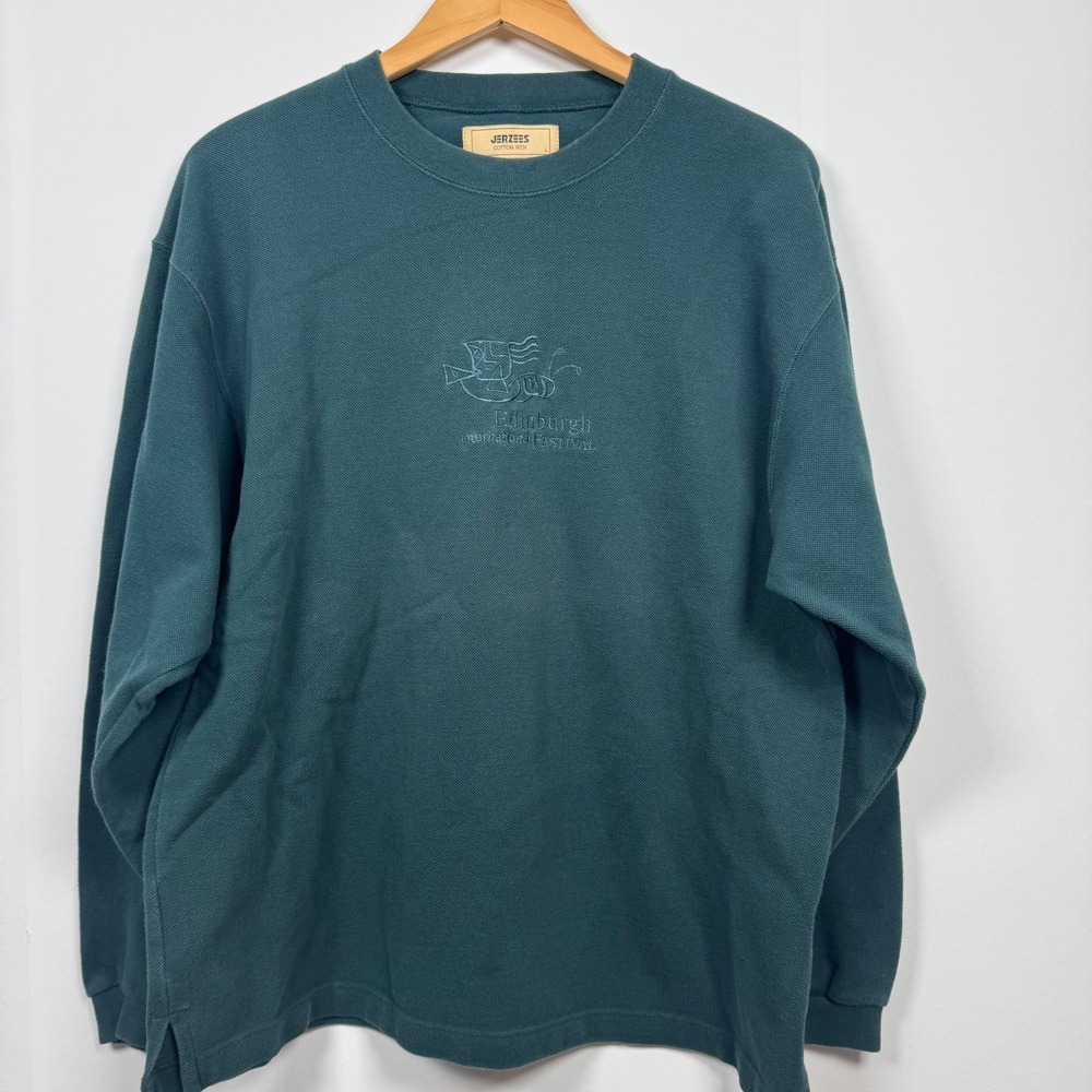 90s Jerzees Men L Pique Sweatshirt Edinburgh International Festival Green Retro
